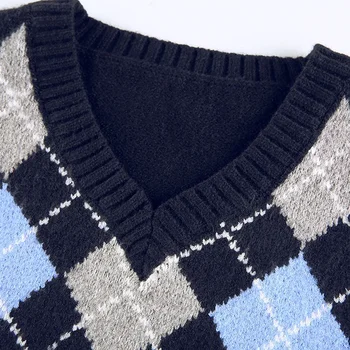 Mėlyna Argyle megzta trumpa megztinė liemenė Moterys Cottagecore V kaklo akrilinė plona megztinio liemenė 2023 Pavasario ruduo Naujas plius dydis Raudona Nuotrauka 2