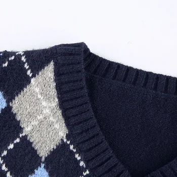 Mėlyna Argyle megzta trumpa megztinė liemenė Moterys Cottagecore V kaklo akrilinė plona megztinio liemenė 2023 Pavasario ruduo Naujas plius dydis Raudona Nuotrauka 3