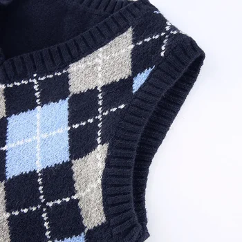 Mėlyna Argyle megzta trumpa megztinė liemenė Moterys Cottagecore V kaklo akrilinė plona megztinio liemenė 2023 Pavasario ruduo Naujas plius dydis Raudona Nuotrauka 4