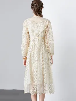 SMTHMA Lengvas prabangus prancūziškas elegantiškas siuvinėjimas Ilgos suknelės moterims O-Kaklas ilgomis rankovėmis Aukšto juosmens kilimo ir tūpimo tako suknelė Moteriški drabužiai Nuotrauka 2