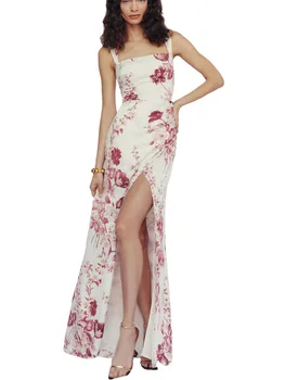 2023 Moteriškos s Boho Maxi suknelės be rankovių be nugaros Spagečių dirželis Gėlių atspaudas Elegantiški ilgi chalatai kasdieniam prašmatnumui Nuotrauka 1