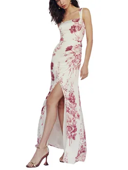 2023 Moteriškos s Boho Maxi suknelės be rankovių be nugaros Spagečių dirželis Gėlių atspaudas Elegantiški ilgi chalatai kasdieniam prašmatnumui Nuotrauka 4