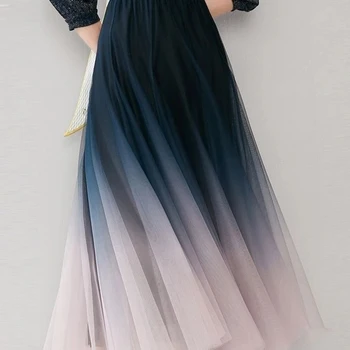 Elegantiški tiulio sijonai Moterys Aukštas juosmuo Gradientas Tinklelis Plisuotas midi sijonas Korėjietiškas elastingas laisvas laisvalaikis Viskas atitinka linijinį sijoną Nuotrauka 3