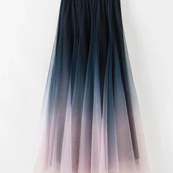 Elegantiški tiulio sijonai Moterys Aukštas juosmuo Gradientas Tinklelis Plisuotas midi sijonas Korėjietiškas elastingas laisvas laisvalaikis Viskas atitinka linijinį sijoną Nuotrauka 5