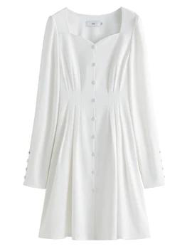 FSLE prancūziška Hepburn stiliaus suknelė moterims Pavasario nauja persikų širdies apykaklė Pūstomis rankovėmis ilgas sijonas Elegantiška moteriška A linijos suknelė Nuotrauka 4