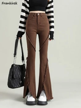 Plyšys Flare džinsai Moterys Frayed Slim Elegantiškas pavasaris Korėjietiškas stilius Solid Fashion Leisure Full Length Hotsweet Streetwear 2023 Nuotrauka 0