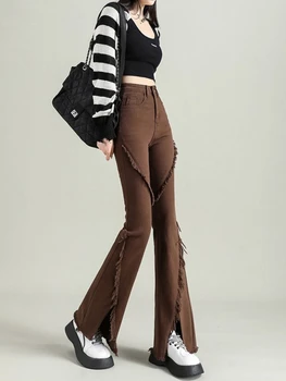 Plyšys Flare džinsai Moterys Frayed Slim Elegantiškas pavasaris Korėjietiškas stilius Solid Fashion Leisure Full Length Hotsweet Streetwear 2023 Nuotrauka 2