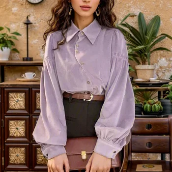 Honkongo stiliaus vintažiniai marškiniai ilgomis rankovėmis Moteriškos viršūnės Elegantiška violetinė palaidinė Rudeninė Vienspalvė Laisvalaikio laisvi drabužiai Blusas 29832 Nuotrauka 0