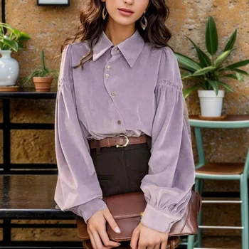 Honkongo stiliaus vintažiniai marškiniai ilgomis rankovėmis Moteriškos viršūnės Elegantiška violetinė palaidinė Rudeninė Vienspalvė Laisvalaikio laisvi drabužiai Blusas 29832 Nuotrauka 1