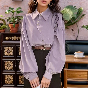 Honkongo stiliaus vintažiniai marškiniai ilgomis rankovėmis Moteriškos viršūnės Elegantiška violetinė palaidinė Rudeninė Vienspalvė Laisvalaikio laisvi drabužiai Blusas 29832 Nuotrauka 2