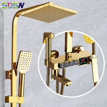Skaitmeninė dušo sistema su kokybišku žalvariniu vonios maišytuvu Maišytuvas Auksiniai termostatiniai dušo komplektai Kritulių auksinių dušo galvučių komplektai