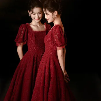 Elegantiška princesė Qipao Burgundijos vakarinė suknelė Banketinė suknelė Ilga nėrinių apdaila Vestidos De Festa vestuvinė baliaus suknelė Cheongsam