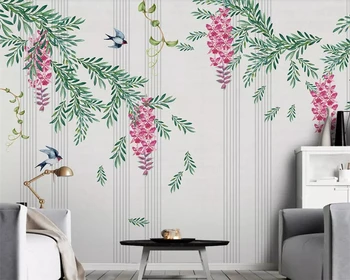 Šiuolaikiniai minimalistiniai gėlių ir paukščių lapai svetainės miegamojo fono tapetai, namų dekoravimo freska 3D tapetai