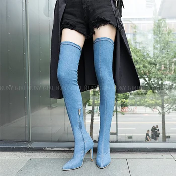 Mėlynas džinsinio audinio šoninis užtrauktukas super dideli elastingi moteriški virš -kelio batai su smailiais savivarčiais ir virš --kelio batai
