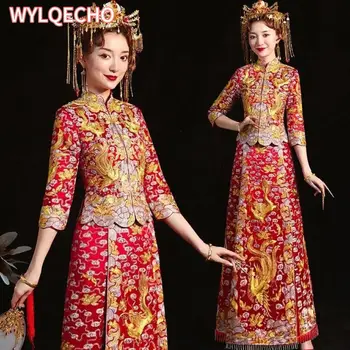 Raudoni siuvinėjimai Rytų drakonas Feniksas Qipao Moterys Satin Cheongsam Senovės tradicinė kinų nuotakos vestuvinė suknelė Long Vestidos
