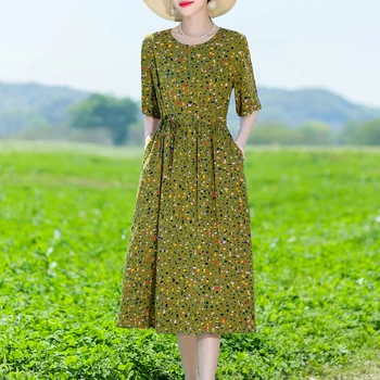 Summer New Women Cotton Dress Floweral Printed O-Neck Short Sleeve Casual Loose Vintage Dresses Plus Size 5XL Vestidos
