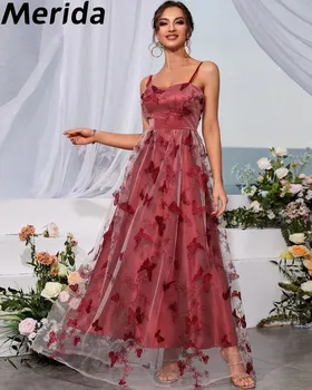 Butterfly Applique Prom suknelės 2023 Spagečių dirželiai A-Line Tiulio grindų ilgio elegantiška vakarėlio suknelė Vestidos De graduación
