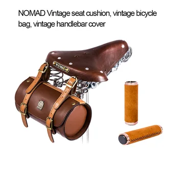 NOMAD zomšos rankomis siuvamas dviračių rankenų komplektas, kelių dviračio odinė retro sėdynės pagalvėlė, mažas kibiro dizaino dviračio krepšys