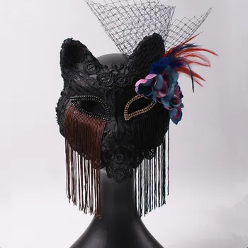 Crystals Tassel Cat Mask Full Face Headaddresses Women Prom Party Show Accessories Bar Nightclub Halloween Cosplay Props Ornament
