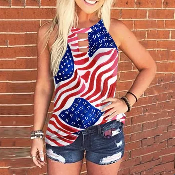 Moterų vasaros berankovės Amerikos vėliava atspausdinta tuščiaviduriu baku Baumwolle Tops Ladies Casual marškinėliai nemokamam pristatymui S-2XL 2023