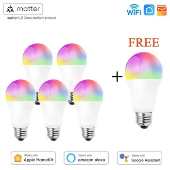 Matter WiFi išmanioji LED lemputė E27 9W TUYA/Smart Life RGBCW Pritemdomos išmaniosios lempos palaikymas Alexa Google Home Homekit Control