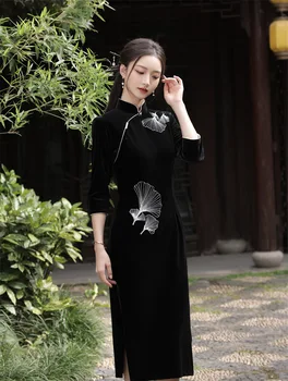 Black Vintage Velvet Vestidos Patobulintas naujas kinų Cheongsam Qipao 2023 m. rudens žiemos elegantiškas temperamentas Tradicinė suknelė