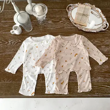 Baby Girls gėlėtas trikotažas ilgomis rankovėmis + kelnių rinkiniai Mažylio medvilniniai 2 dalių namų drabužiai naujagimiui 0-36 mėnesių
