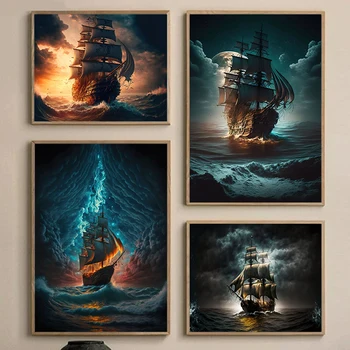 Piratų laivo plakatas Buriavimo banga Nuotykis vandenynas Retro paveikslas Drobė Spausdinti Plakatas Sienų meno dekoravimas Tapyba Namų kambario dekoravimas Dekoras