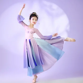 Vaikų klasikinio šokio spektaklio drabužiai Žavūs elegantiški marlės drabužiai Kinų gerbėjų šokis Hanfu treniruočių drabužiai Mergaičių šokis