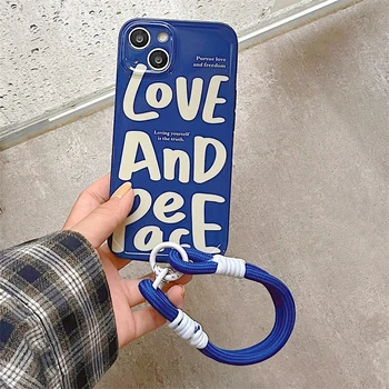 INS Peace And Love Soft Silicone Phone Case for iPhone 14 13 12 11 Pro Max New Lanyard Pendent Anti-lost Cover Letter Blue Shell
