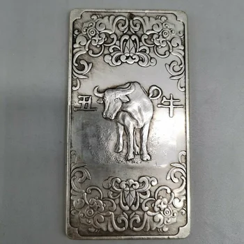 Senasis kinų Tibeto sidabro graviravimo raštas Zodiako karvės juosmens etiketės pakabukas