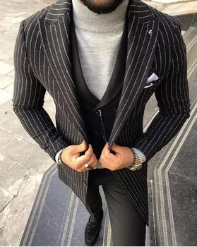 New Black Stripe Groom Wear Peak Lapel Groom Tuxedos Slim Fit Groomsmen Best Man Suit Vyriški vestuviniai kostiumai (Švarkas+Kelnės+Liemenė)