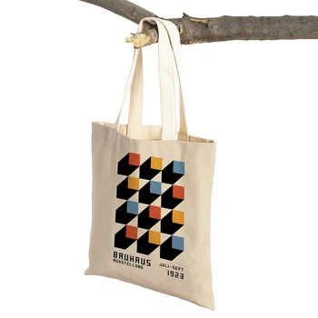 Bauhauzo spalvų blokas Geometrinė linija Modernus retro moterų pirkinių krepšiai Drobė Prekybos centras Pirkėjas Krepšys Daugkartinio naudojimo Tote rankinė
