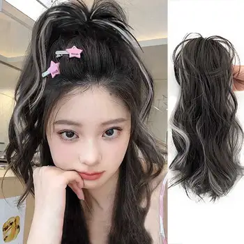 Moterų sintetinis perukas Aukštas ponytail spalvos gradientas Ilgi garbanoti plaukai Clip-on White Tea Grey Synthetic Hair Ponytail Extension