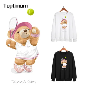 Bear Iron-On Transfers Patches for Clothing T-Shirts Pasidaryk pats Tennis Girl Heat Transfer Cartoon Animal Thermal Stickers Decals