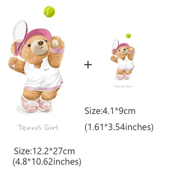 Bear Iron-On Transfers Patches for Clothing T-Shirts Pasidaryk pats Tennis Girl Heat Transfer Cartoon Animal Thermal Stickers Decals Nuotrauka 5
