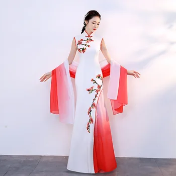 Baltos seksualios satino kinų suknelės suknelės moterys Didelio dydžio lieknas Qipao Ilgi blizgučiai Vakarinis vakarėlis Cheongsam elegantiška Vestidos moteris